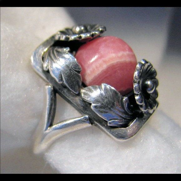 Vintage DANISH N.E. Pink rhodochrosite floral ring - Picture 3 of 7